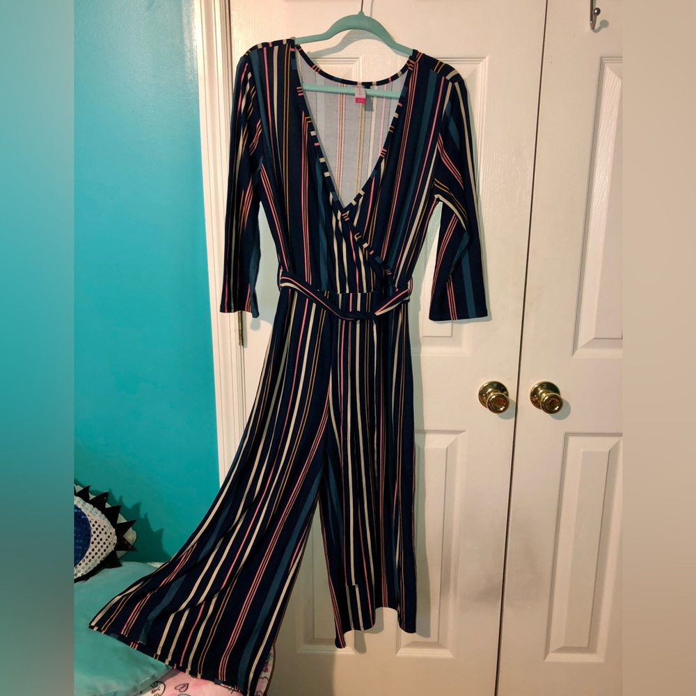 No Boundaries Striped Jumpsuit, Size: XL, Color: Navy Blue w/ Colorful Stripes